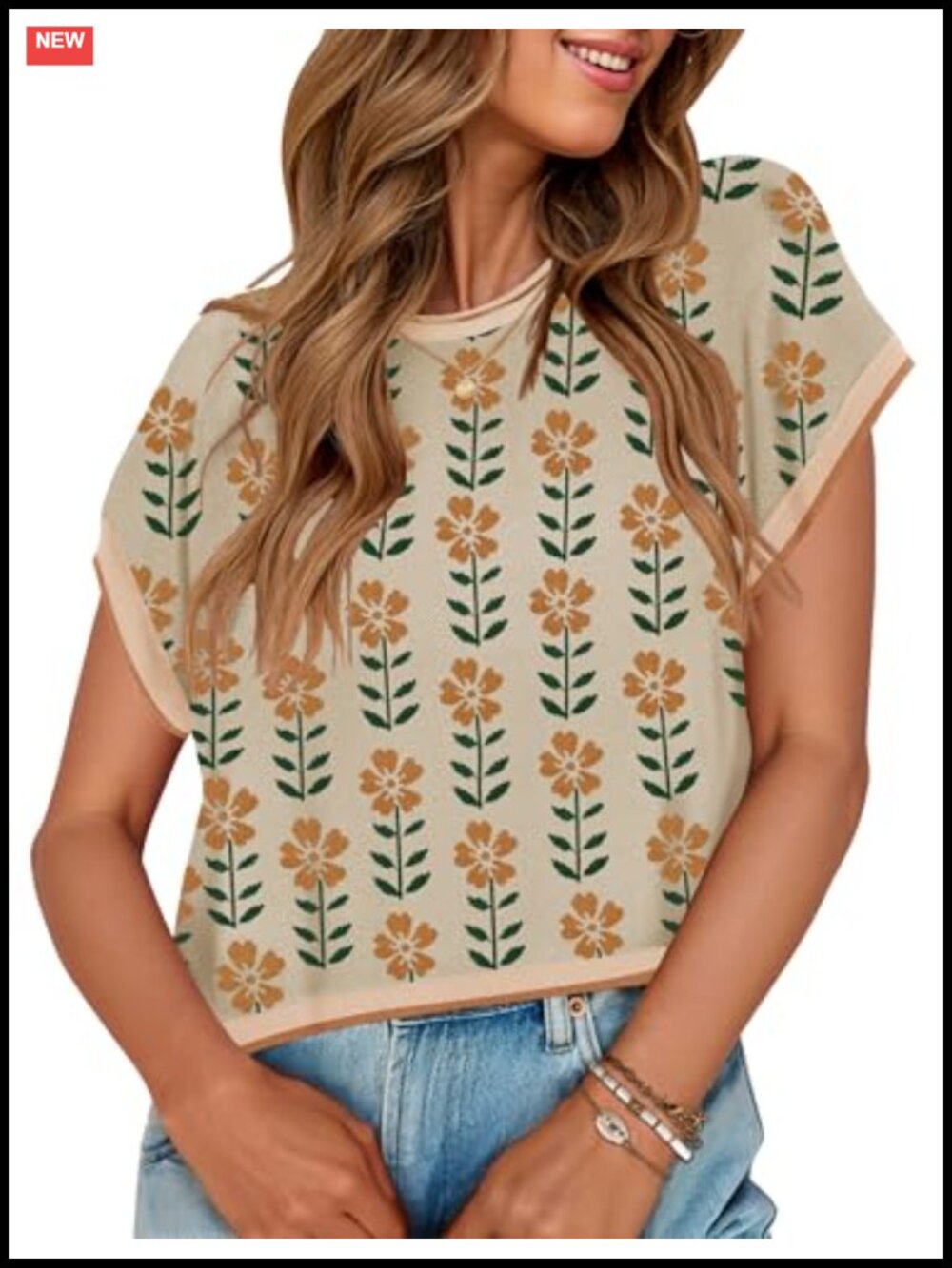 Women's Floral Print Short Sleeve Knit Sweater Vest, Cap Sleeve Pullover Top,